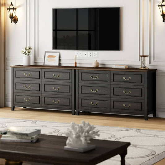 GIKPAL Farmhouse Dresser for Bedroom Set of 2, Vintage 6-Drawer Black Dresser with Antique Handles, Rustic Storage Cabinet for Living Room, Entryway, and Hallway
