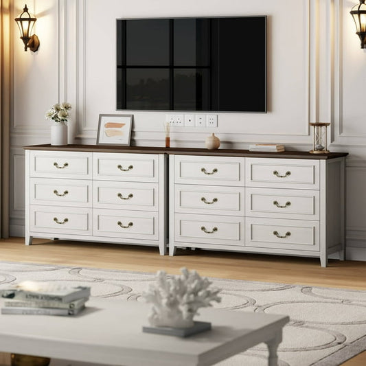 GIKPAL Farmhouse Dresser for Bedroom Set of 2, Vintage 6-Drawer White Dresser with Antique Handles, Rustic Storage Cabinet for Living Room, Entryway, and Hallway