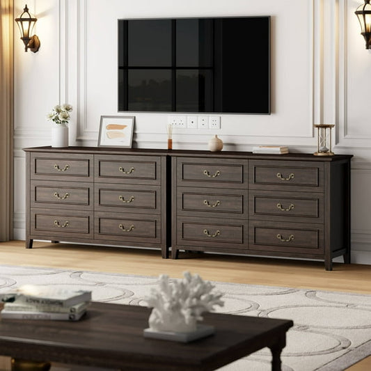 GIKPAL Farmhouse Dresser for Bedroom Set of 2, Vintage 6-Drawer Wood Dresser with Antique Handles, Rustic Storage Cabinet for Living Room, Entryway, and Hallway
