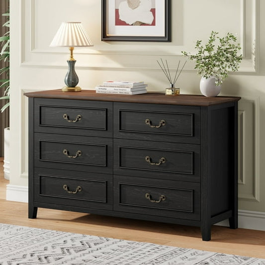 GIKPAL Farmhouse Dresser for Bedroom, Vintage 6-Drawer Black Dresser with Antique Handles, Rustic Storage Cabinet for Living Room, Entryway, and Hallway