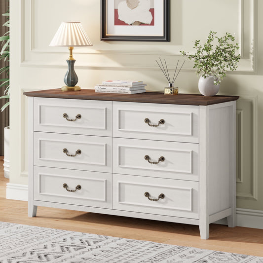 GIKPAL Farmhouse Dresser for Bedroom, Vintage 6-Drawer White Dresser with Antique Handles, Rustic Storage Cabinet for Living Room, Entryway, and Hallway