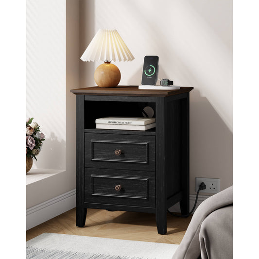 GIKPAL Farmhouse Nightstand with Charging Station, Dresser for Bedroom with 2 Drawers Handles, Rustic Wood Side Table End Table for Living Room, Oak Black