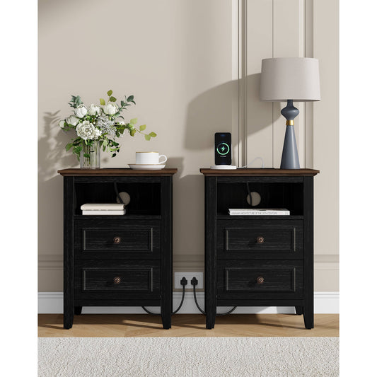 GIKPAL Farmhouse Nightstand Set of 2, Dresser for Bedroom with Charging Station & 2 Drawers Handles, Rustic Wood Side Table End Table for Living Room, Oak Black
