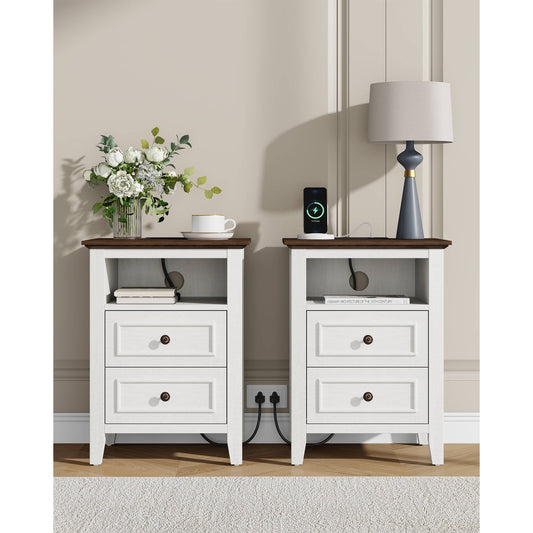 GIKPAL Farmhouse Nightstand Set of 2, Dresser for Bedroom with Charging Station & 2 Drawers Handles, Rustic Wood Side Table End Table for Living Room, Oak White