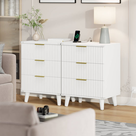 GIKPAL 3 Drawer Dresser Set of 2, Nightstand with Charging Station, Small Dresser with Solid Wooden Legs & Metal Handle for Bedroom, White