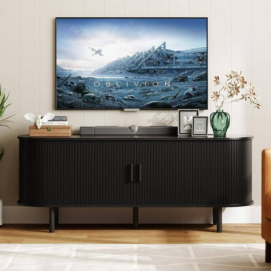 GIKPAL Fluted TV Stand for 65 Inch TV – Modern Entertainment Center with Power Outlets, Adjustable Shelves & Sliding Doors, Stylish Media Console for Living Room, Black