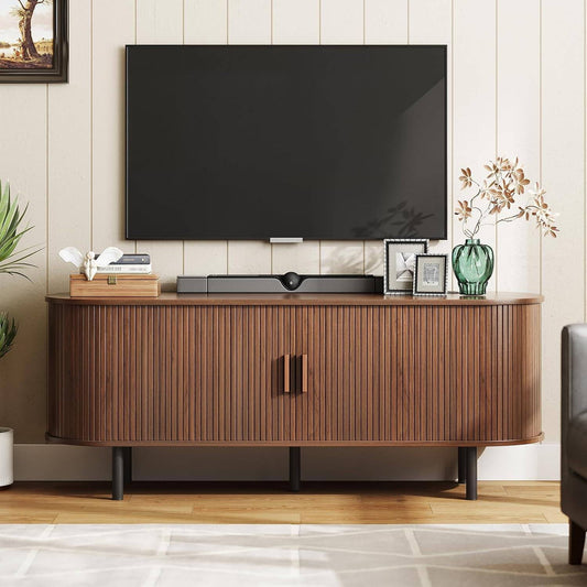GIKPAL Fluted TV Stand for 65 Inch TV – Modern Entertainment Center with Power Outlets, Adjustable Shelves & Sliding Doors, Stylish Media Console for Living Room, Walnut