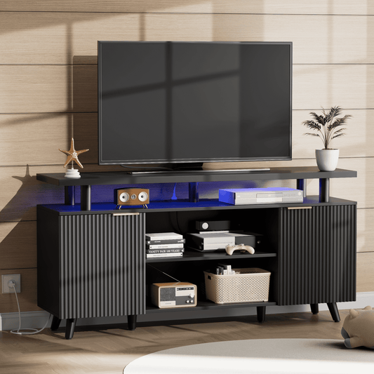 GIKPAL Fluted TV Stand for 65 inch TV with Charging Station, LED Entertainment Center with Adjustable Shelves ＆ Storage Cabinets for Living Room, Black