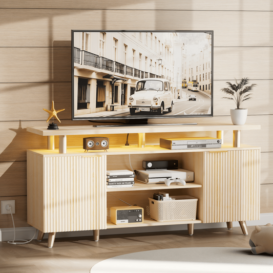 GIKPAL Fluted TV Stand for 65 inch TV with Charging Station, LED Entertainment Center with Adjustable Shelves ＆ Storage Cabinets for Living Room, Natural