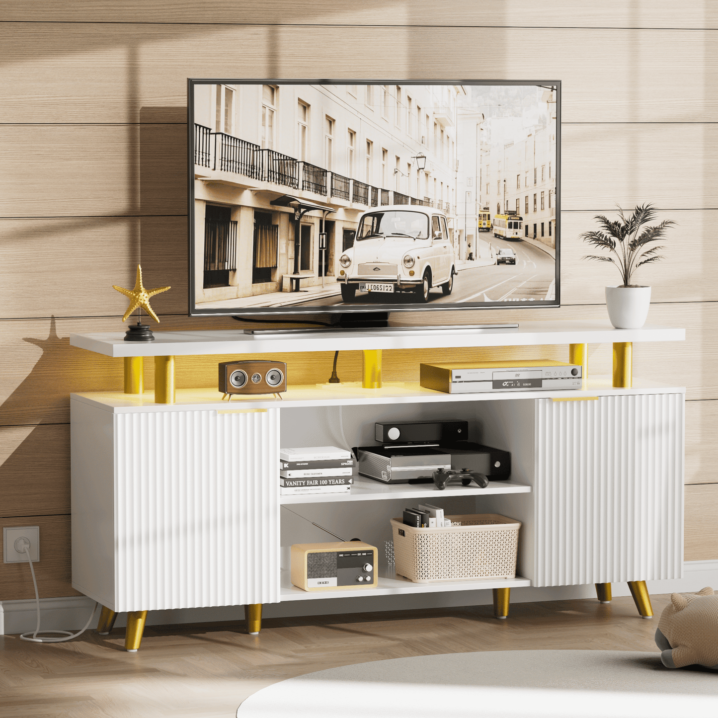GIKPAL Fluted TV Stand for 65 inch TV with Charging Station, LED Entertainment Center with Adjustable Shelves ＆ Storage Cabinets for Living Room, White