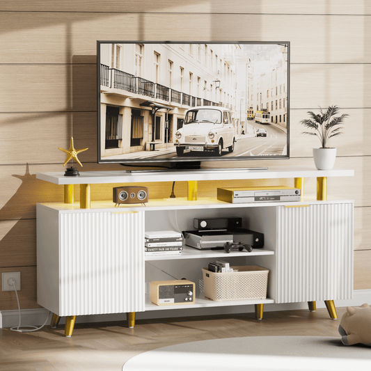 GIKPAL Fluted TV Stand for 65 inch TV with Charging Station, LED Entertainment Center with Adjustable Shelves ＆ Storage Cabinets for Living Room, White