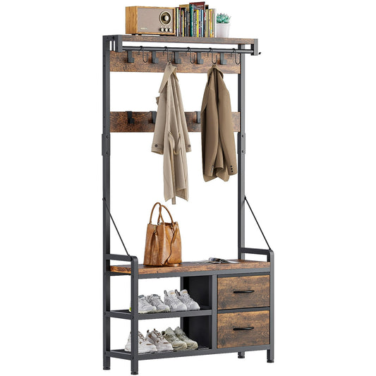 GIKPAL Hall Tree with Shoes Bench & Hooks and Storage, 5 in 1 Entryway Bench with Coat Rack, Brown