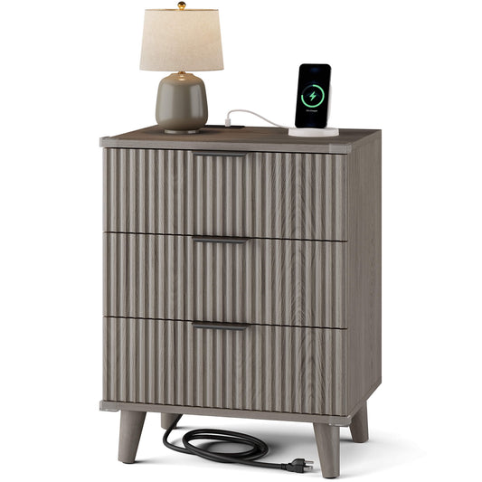 GIKPAL 3 Drawer Dresser with Charging Station, Small Dresser & Fluted End Table, Baby Dresser with Solid Wooden Legs for Bedroom, Dark Grey Oak