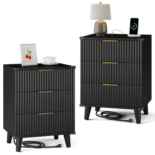 GIKPAL Night Stands for Bedroom Set of 2, Modern Bedside Table with 3 Drawers & Charging Station,Fluted Panel End Tables for Bedroom & Living Room, Black