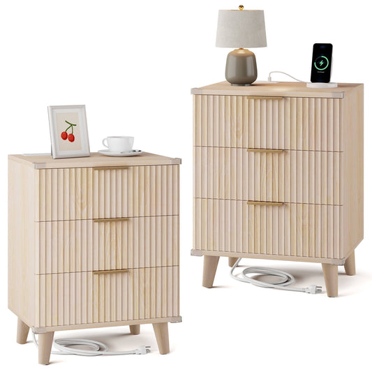GIKPAL Night Stands for Bedroom Set of 2, Modern Bedside Table with 3 Drawers & Charging Station,Fluted Panel End Tables for Bedroom & Living Room, Natural