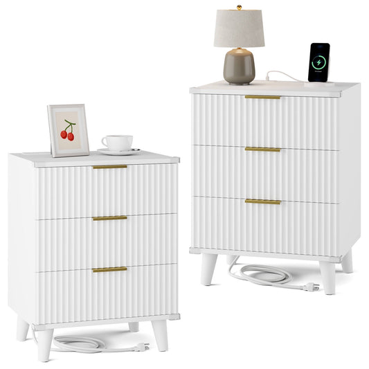 GIKPAL Night Stands for Bedroom Set of 2, Modern Bedside Table with 3 Drawers & Charging Station,Fluted Panel End Tables for Bedroom & Living Room, White