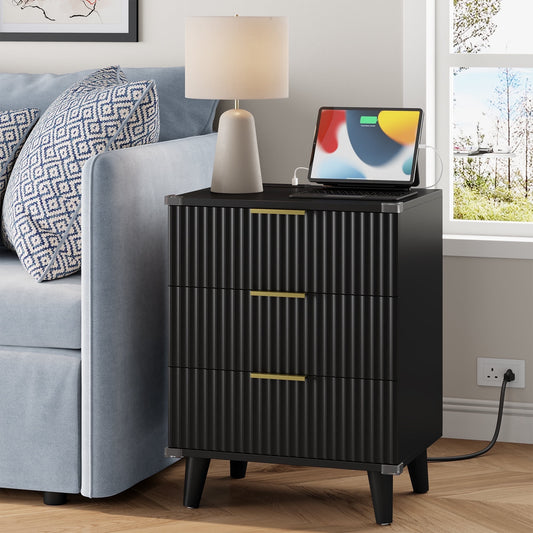 GIKPAL Night Stands for Bedroom, Modern Bedside Table with 3 Drawers & Charging Station,Fluted Panel End Tables for Bedroom & Living Room, Black