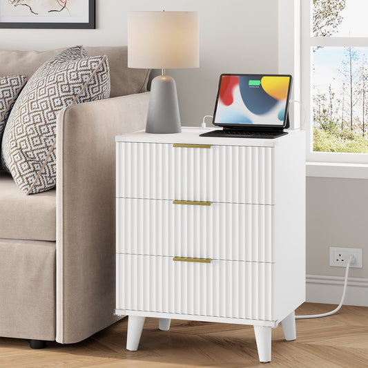 GIKPAL Night Stands for Bedroom, Modern Bedside Table with 3 Drawers & Charging Station,Fluted Panel End Tables for Bedroom & Living Room, White