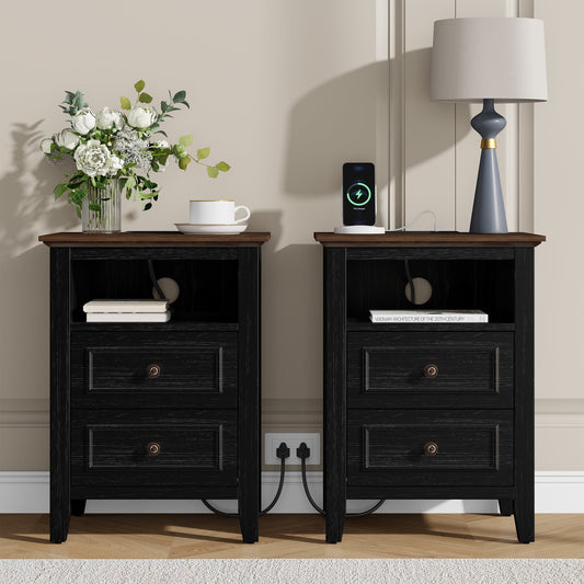 GIKPAL Rustic Nightstand with Charging Station Set of 2, 2-Drawer Wooden Side Table for Bedroom & Living Room, Oak Black