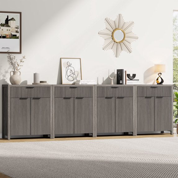 GIKPAL Sideboard Buffet Cabinet with Drawer, Adjustable Shelves, Fluted Storage Cabinet TV Stand for Living Room, Kitchen, Dining Room, Entryway, Gray Oak Set of 4