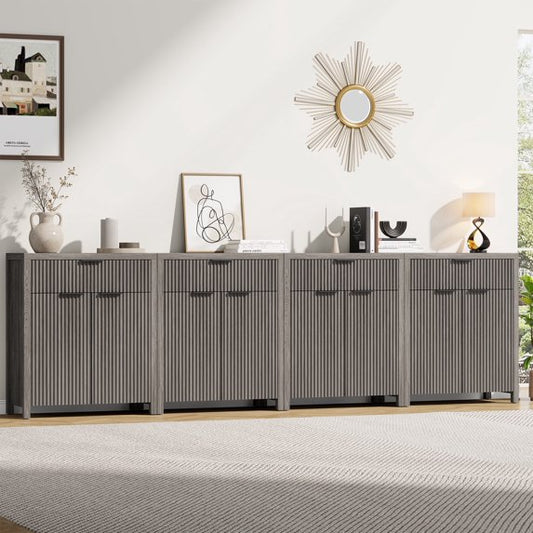 GIKPAL Sideboard Buffet Cabinet with Drawer, Adjustable Shelves, Fluted Storage Cabinet TV Stand for Living Room, Kitchen, Dining Room, Entryway, Gray Oak Set of 4