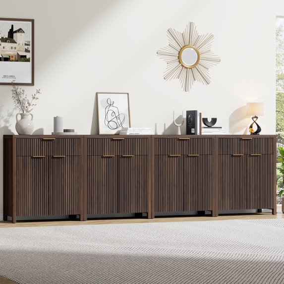 GIKPAL Sideboard Buffet Cabinet with Drawer, Adjustable Shelves, Fluted Storage Cabinet TV Stand for Living Room, Kitchen, Dining Room, Entryway, Walnut Set of 4