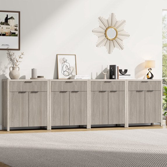 GIKPAL Sideboard Buffet Cabinet with Drawer, Adjustable Shelves, Fluted Storage Cabinet TV Stand for Living Room, Kitchen, Dining Room, Entryway, White Oak Set of 4