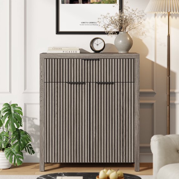 GIKPAL Sideboard Buffet Cabinet, Fluted Kitchen Storage Organizer with Adjustable Shelf and Doors, Modern Accent Cabinet with Storage Drawer for Dining Living Room, Gray Oak