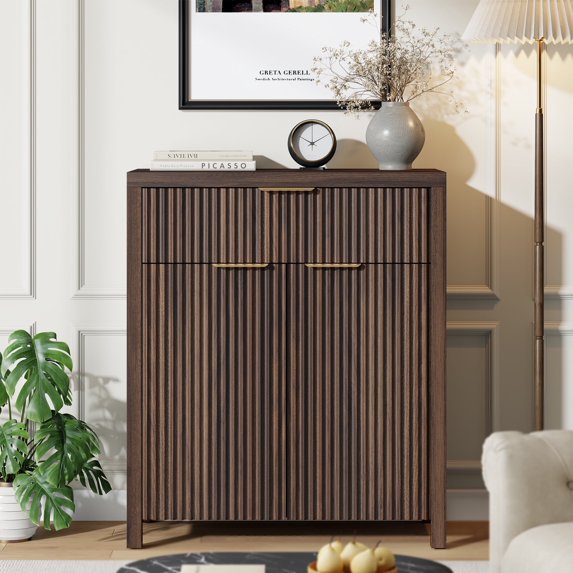 GIKPAL Sideboard Buffet Cabinet, Fluted Kitchen Storage Organizer with Adjustable Shelf and Doors, Modern Accent Cabinet with Storage Drawer for Dining Living Room, Walnut