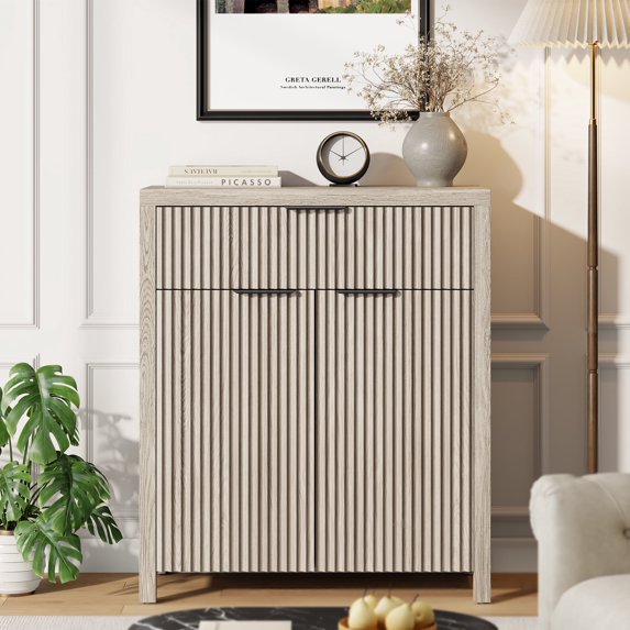 GIKPAL Sideboard Buffet Cabinet, Fluted Kitchen Storage Organizer with Adjustable Shelf and Doors, Modern Accent Cabinet with Storage Drawer for Dining Living Room, White Oak