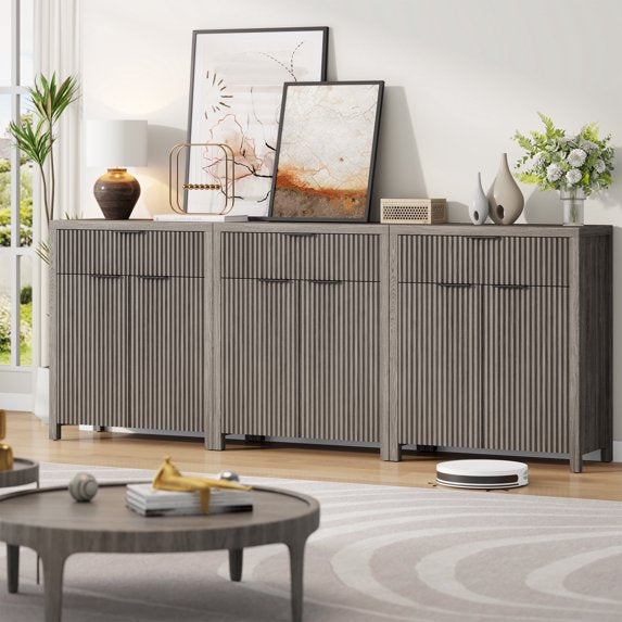 GIKPAL Storage Cabinet with Drawer Set of 3, Sideboard Buffet Cabinet with Adjustable Shelves, TV Stand for Living Room, Accent Entryway Cabinet for Kitchen Dining Room, Gray Oak