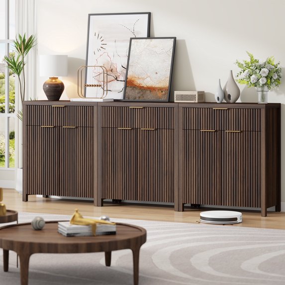 GIKPAL Storage Cabinet with Drawer Set of 3, Sideboard Buffet Cabinet with Adjustable Shelves, TV Stand for Living Room, Accent Entryway Cabinet for Kitchen Dining Room, Walnut