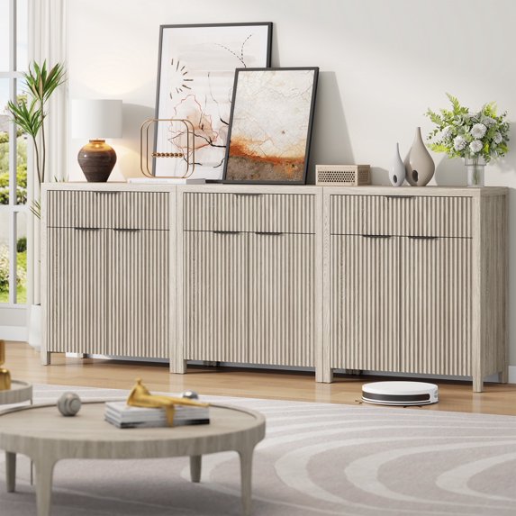 GIKPAL Storage Cabinet with Drawer Set of 3, Sideboard Buffet Cabinet with Adjustable Shelves, TV Stand for Living Room, Accent Entryway Cabinet for Kitchen Dining Room, White Oak