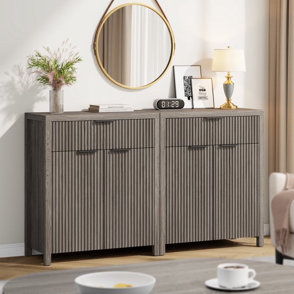 GIKPAL Storage Cabinet with Fluted Doors, Sideboard Buffet Cabinet with Storage Drawers, Modern Kitchen Accent Organizer with Adjustable Shelves, Gray Oak Set of 2