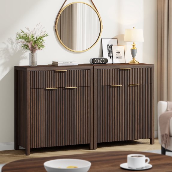 GIKPAL Storage Cabinet with Fluted Doors, Sideboard Buffet Cabinet with Storage Drawers, Modern Kitchen Accent Organizer with Adjustable Shelves, Walnut Set of 2