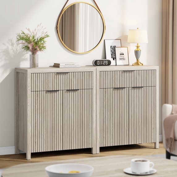 GIKPAL Storage Cabinet with Fluted Doors, Sideboard Buffet Cabinet with Storage Drawers, Modern Kitchen Accent Organizer with Adjustable Shelves, White Oak Set of 2