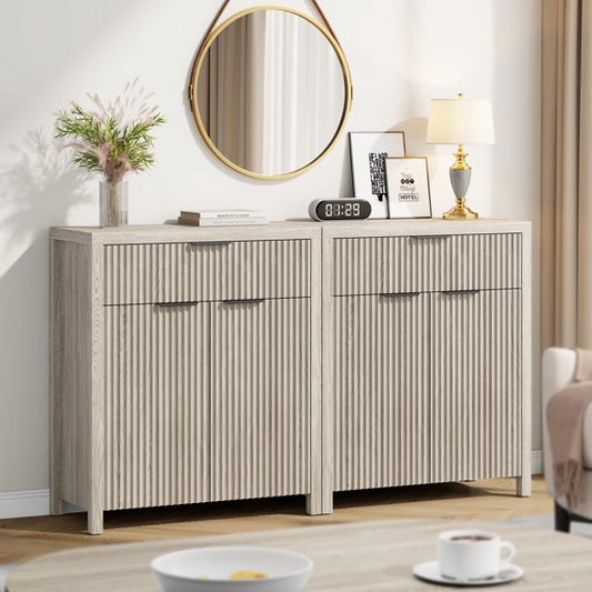 GIKPAL Storage Cabinet with Fluted Doors, Sideboard Buffet Cabinet with Storage Drawers, Modern Kitchen Accent Organizer with Adjustable Shelves, White Oak Set of 2