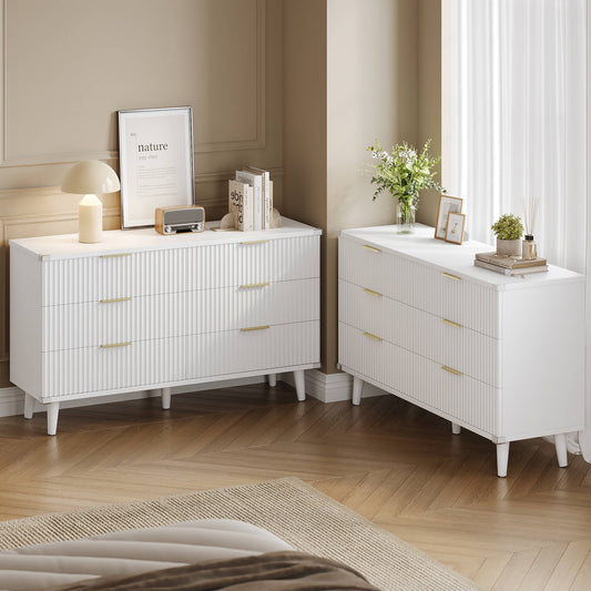 GIKPAL White Dresser with 6 Drawer Set of 2, Modern Chest of Double Drawers Dressers, Wood Boho Fluted Storage Cabinet with Metal Handles, for Living Room
