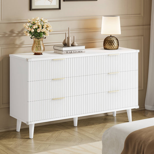 GIKPAL White Dresser for bedroom 6 Drawer, Modern Chest of Double Drawers Dressers, Wood Boho Fluted Storage Cabinet with Metal Handles, for Living Room, Entryway & Hallway