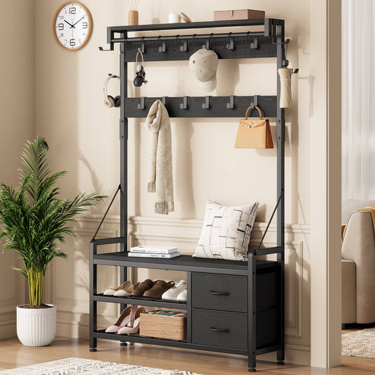 GIKPAL Wider Hall Tree with Bench & Shoe Storage – 6-in-1 Entryway Organizer with 16 Coat Hooks, 8 Hanging Hooks, 2 Drawers & Top Shelf, Industrial Mudroom Storage for Hallway, Rustic Black