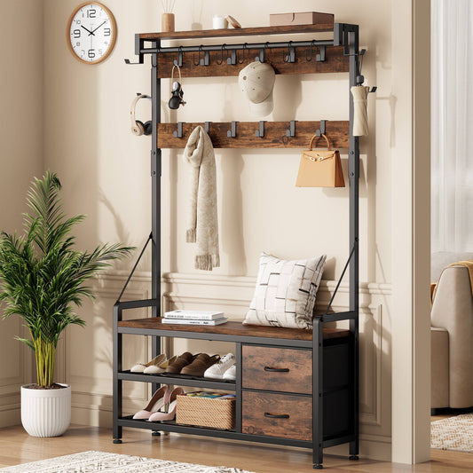 GIKPAL Wider Hall Tree with Bench & Shoe Storage – 6-in-1 Entryway Organizer with 16 Coat Hooks, 8 Hanging Hooks, 2 Drawers & Top Shelf, Industrial Mudroom Storage for Hallway, Rustic Brown
