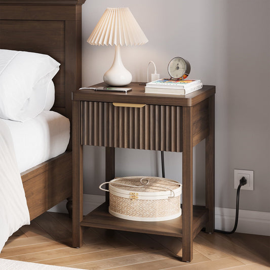 GIKPAL Fluted Nightstand, Bedside Tables with Charging Station, Boho Side Tables with Drawer & Open Compartment for Bedroom, Natural