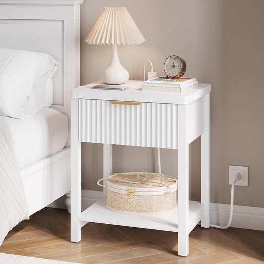 GIKPAL Fluted Nightstand, Bedside Tables with Charging Station, Boho Side Tables with Drawer & Open Compartment for Bedroom, White