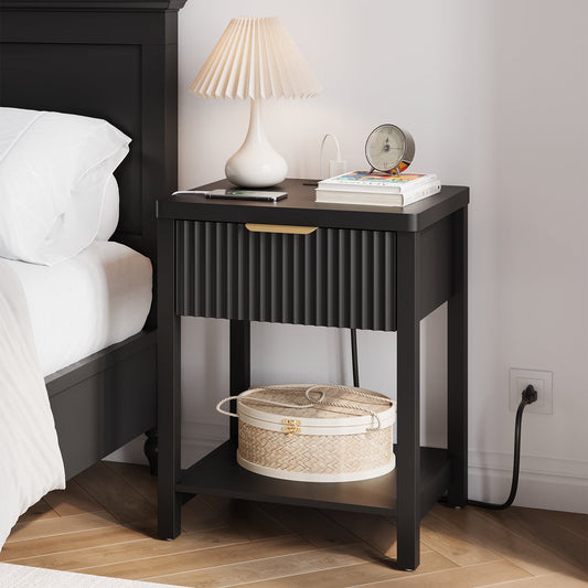 GIKPAL Fluted Nightstand, Bedside Tables with Charging Station, Boho Side Tables with Drawer & Open Compartment for Bedroom, Black