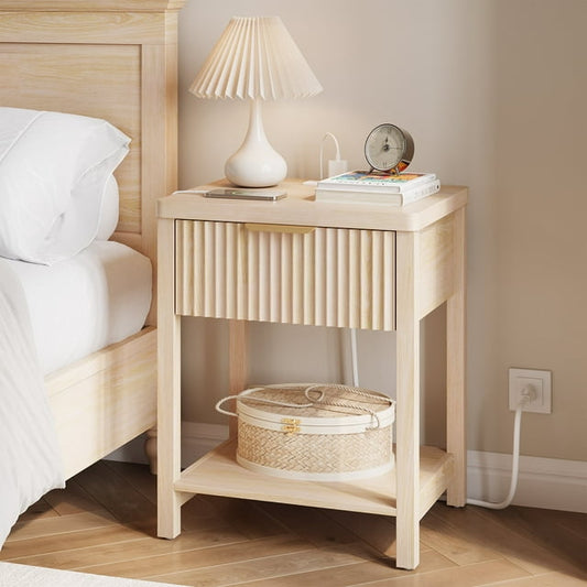 GIKPAL Fluted Nightstand, Bedside Tables with Charging Station, Boho Side Tables with Drawer & Open Compartment for Bedroom, Natural