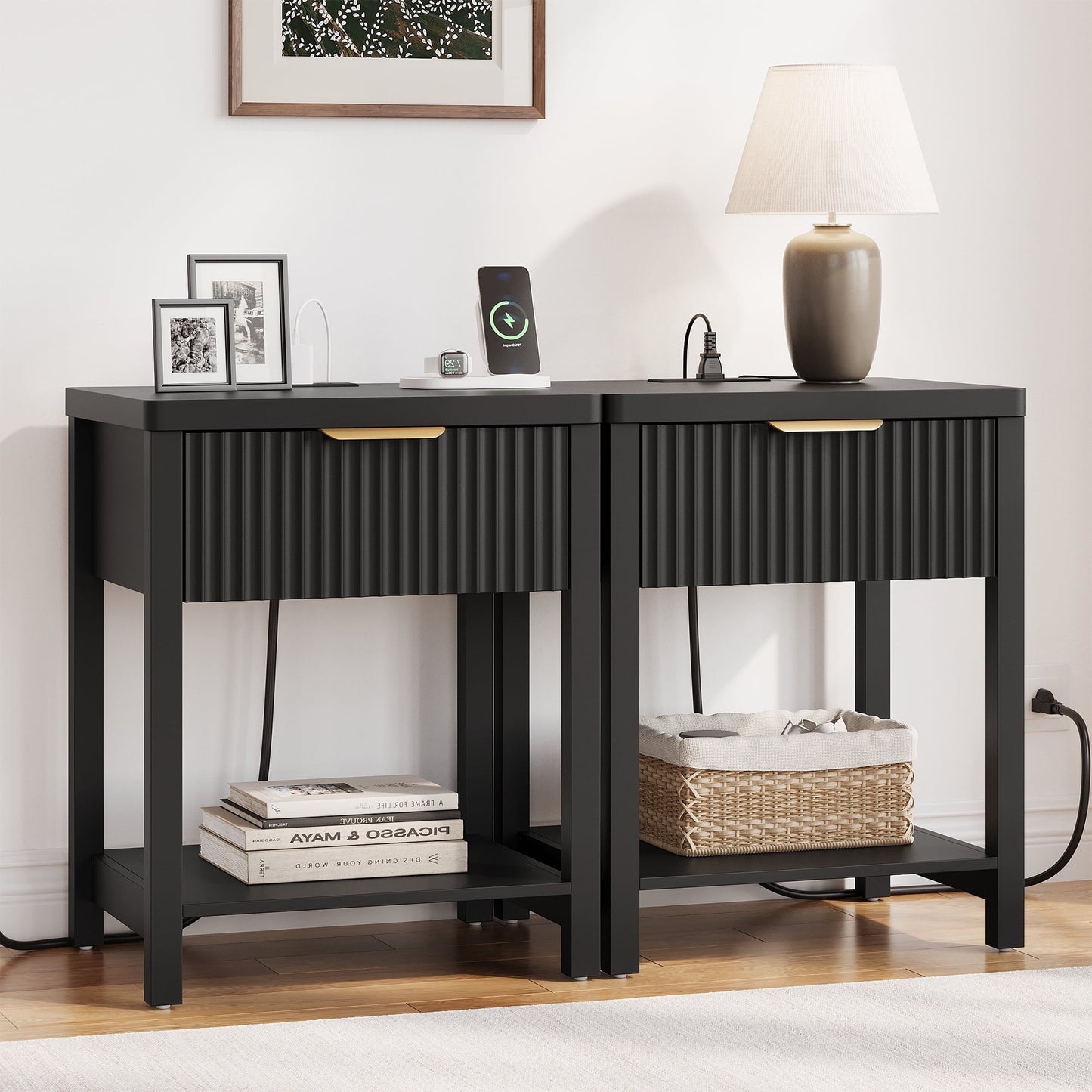 GIKPAL Fluted Nightstands Set of 2, Bedside Tables with Charging Station, Boho Side Tables with Drawer & Open Compartment for Bedroom, Black