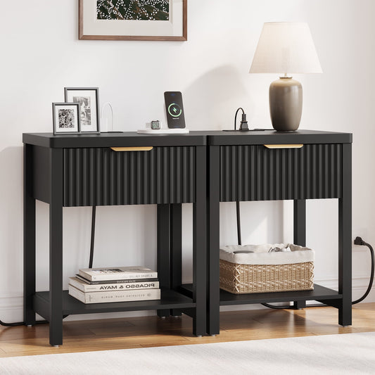 GIKPAL Fluted Nightstands Set of 2, Bedside Tables with Charging Station, Boho Side Tables with Drawer & Open Compartment for Bedroom, Black