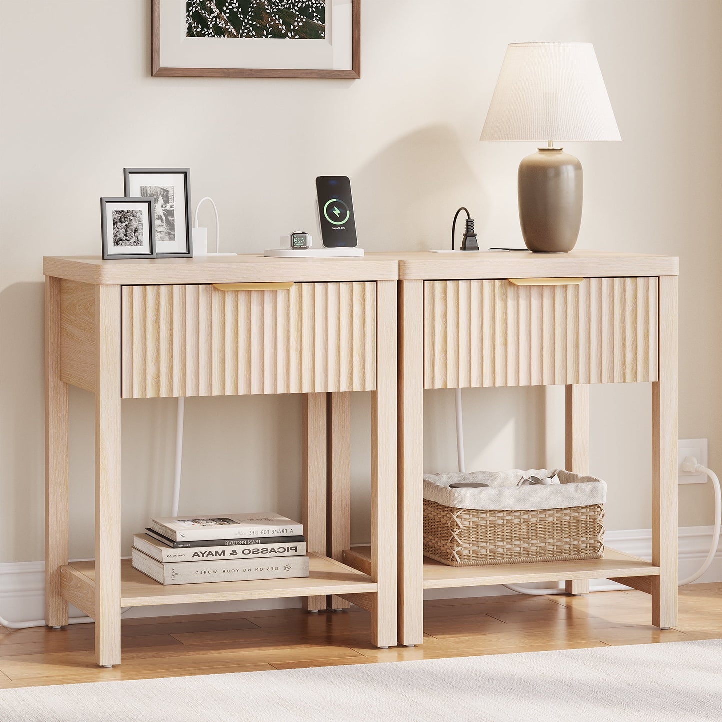 GIKPAL Fluted Nightstands Set of 2, Bedside Tables with Charging Station, Boho Side Tables with Drawer & Open Compartment for Bedroom, Walnut