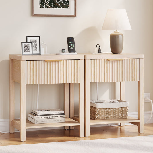 GIKPAL Fluted Nightstands Set of 2, Bedside Tables with Charging Station, Boho Side Tables with Drawer & Open Compartment for Bedroom, Walnut