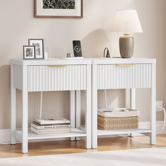 GIKPAL Fluted Nightstands Set of 2, Bedside Tables with Charging Station, Boho Side Tables with Drawer & Open Compartment for Bedroom, White